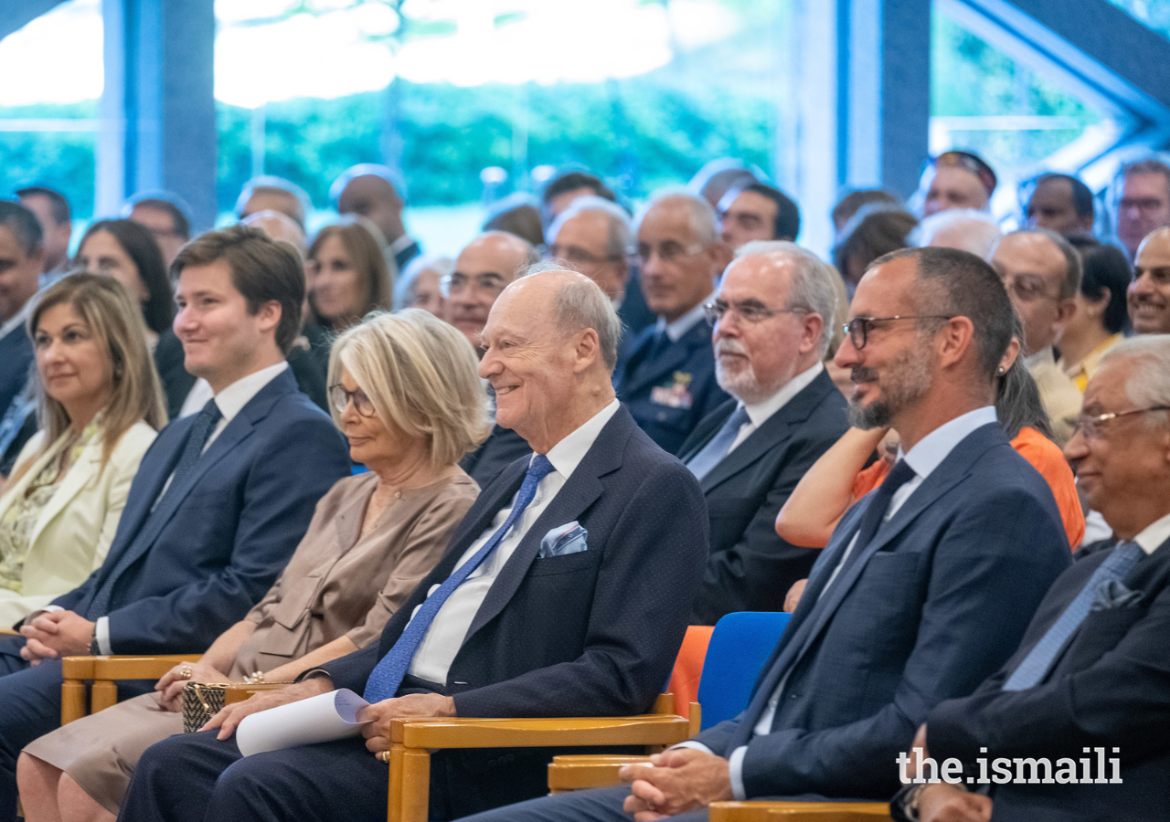 (L to R) President of the Ismaili Council for Portugal Yasmin Bhudarally; Prince Aly Muhamad Aga Khan; Vice President of the Portuguese Parliament Edite Estrela; Prince Amyn Aga Khan; Prince Rahim Aga Khan; and Nazim Ahmad, Diplomatic Representative of the Ismaili Imamat to Portugal.