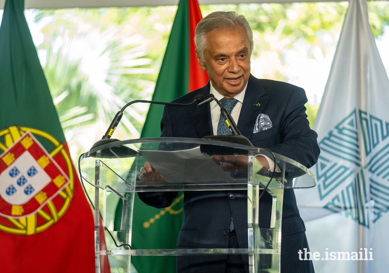 Diplomatic Representative of The Ismaili Imamat for Portugal Nazim Ahmad delivers remarks at the Imamat Day reception on 4 July 2024.