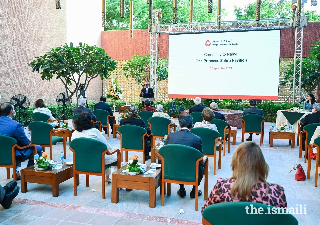 Guest gathered at the ceremony to name the Princess Zahra Pavilion at the Aga Khan University Hospital in Karachi on 6 September 2021.