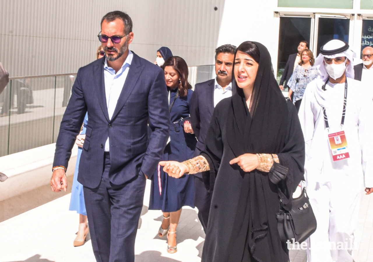 Prince Rahim in conversation with Her Excellency Reem Ebrahim Al Hashimy, Minister of State for International Cooperation.