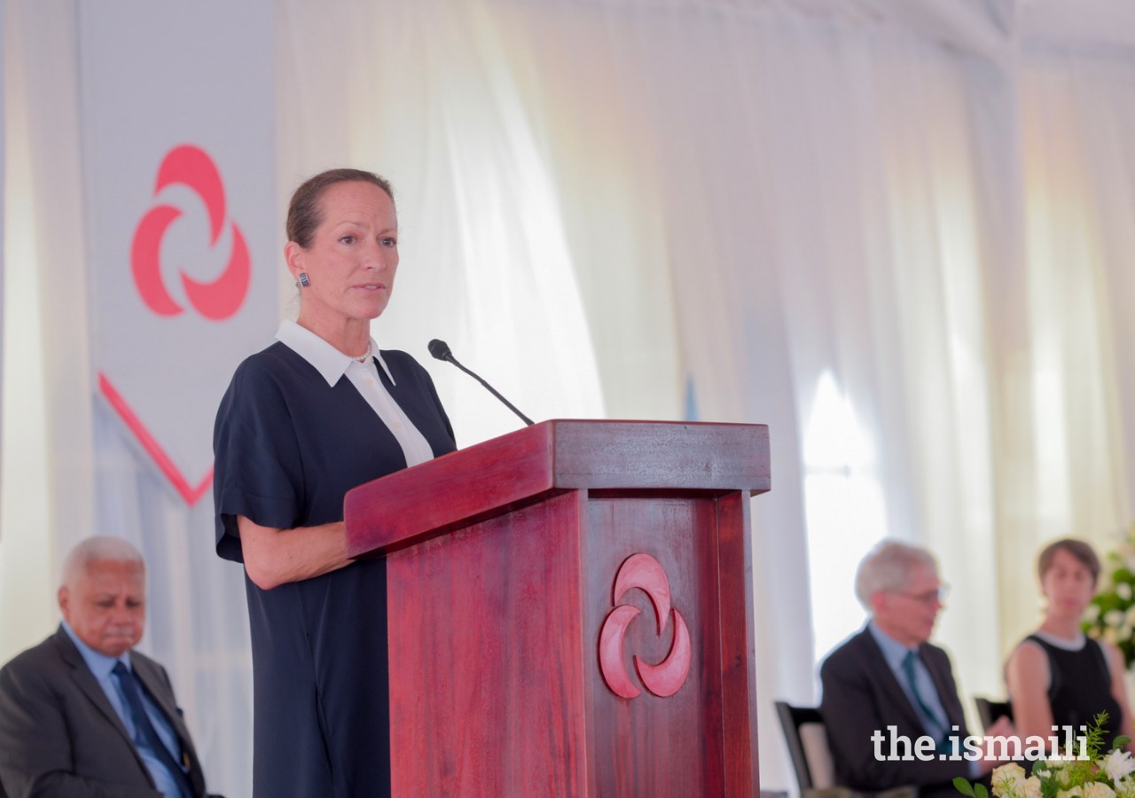 Princess Zahra addresses guests at the foundation stone laying ceremony of the cancer care centre at the Aga Khan Hospital, Dar es Salaam.