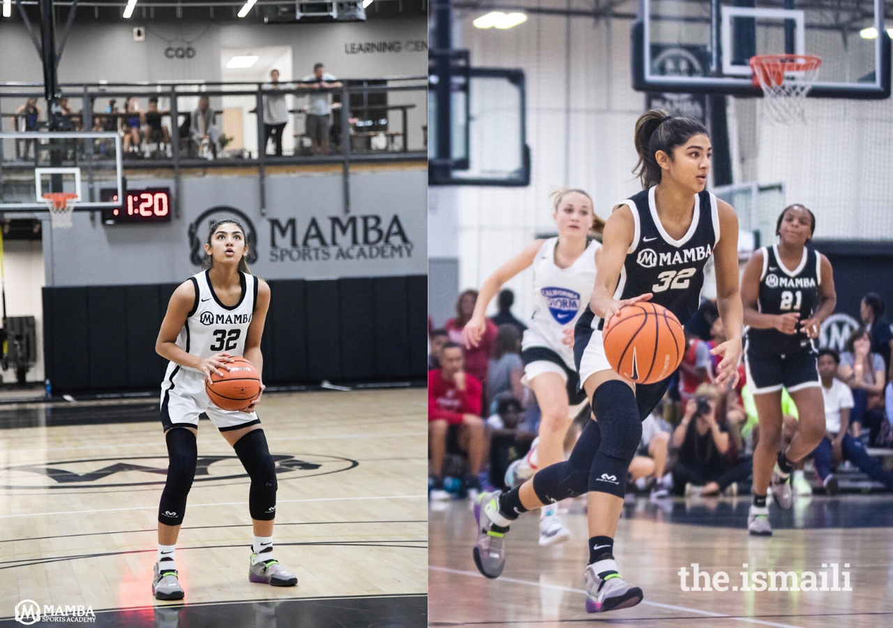 Annika Jiwani getting ready to shoot. Right: Annika racing toward the basket