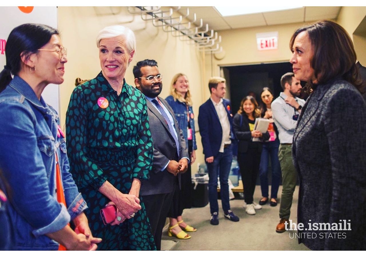 Rayhaan with US Senator Kamala Harris (D-CA), Cecile Richards of Supermajority, and Ai-Jen Poo of the National Domestic Workers Alliance, backstage at a Supermajority event in Las Vegas, Nevada.