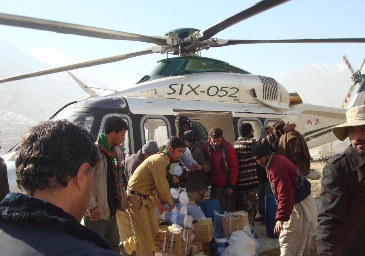 Ismaili volunteers offload medicine and relief supplies for people living in the Gojal valley.