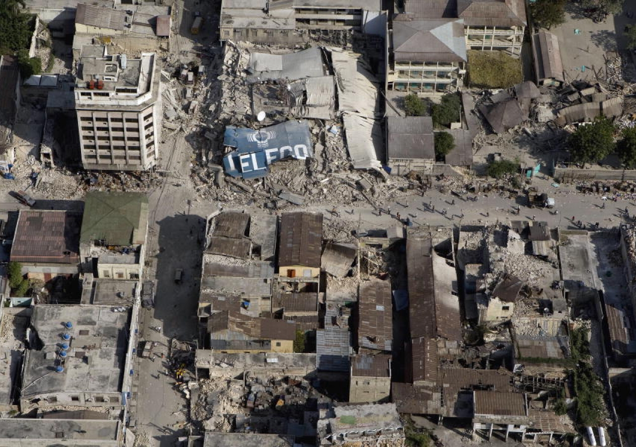 An aerial view of Port-au-Prince&#039;s downtown area demonstrates the extent of damage inflicted by the powerful earthquake that hit the Haitian capital on 12 January.
