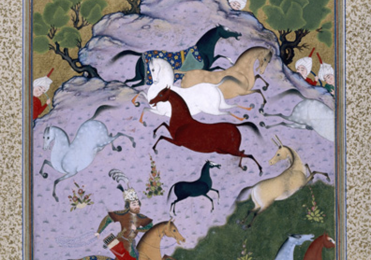 A scene from the Shahnama: Rustam pursues Akvan the Onager-Div.