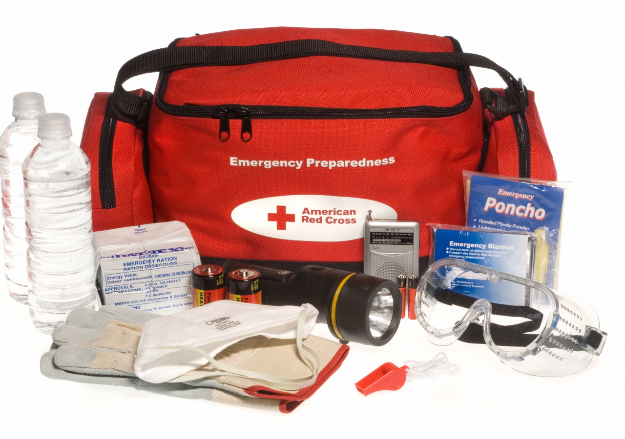 A Red Cross “ready to go” emergency preparedness kit and its contents.