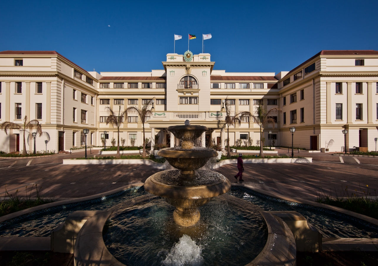 The front facade of the newly refurbished Polana Serena Hotel in Maputo, Mozambique.