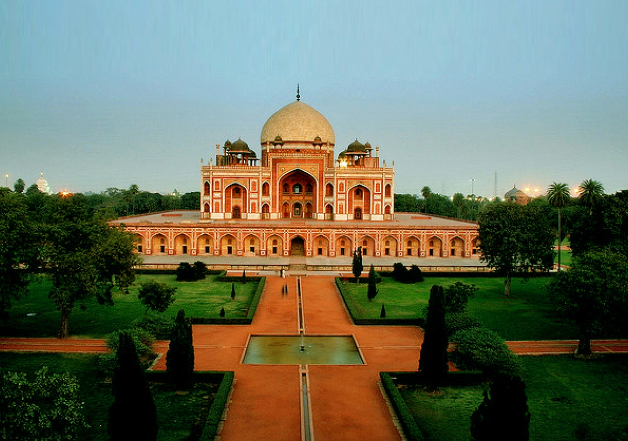 The grandeur of Humayun's Tomb and its surrounding gardens in Delhi, India.