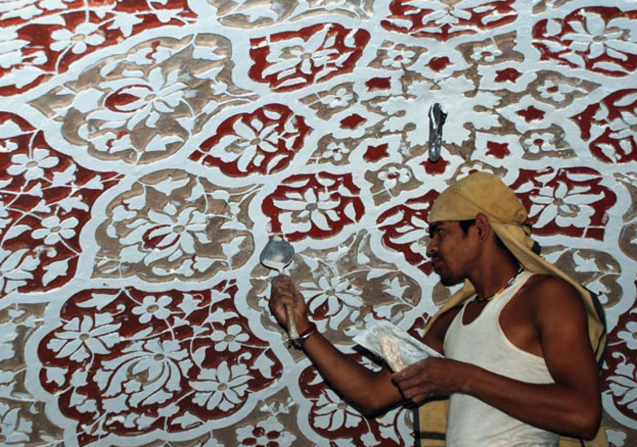 Conservation work on the ceiling of Lakkarwala Burj, one of several monuments being restored in the Sunder Nursery.