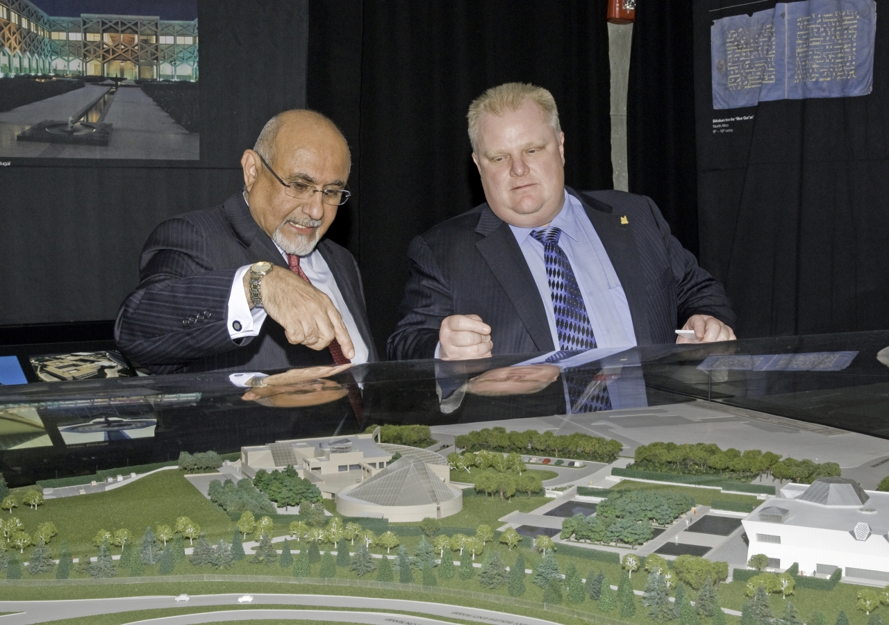 City of Toronto Mayor Rob Ford listens with interest as Ismaili Council for Canada President Mohamed Manji points out key features of the Ismaili Centre, the Aga Khan Museum and their Park.