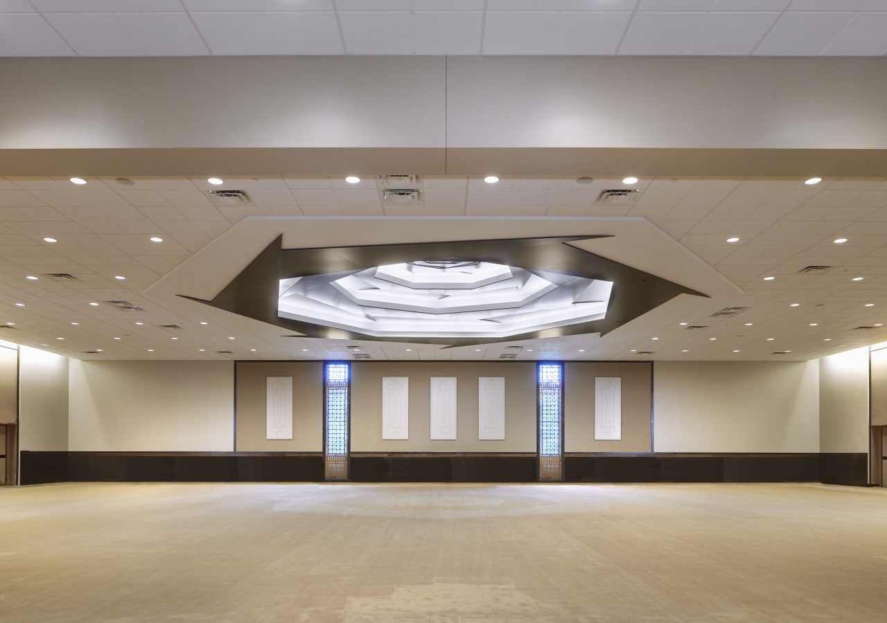 Prayer Hall with a heptagonal ceiling feature created of seven layered heptagons, with each heptagon created from seven triangles.