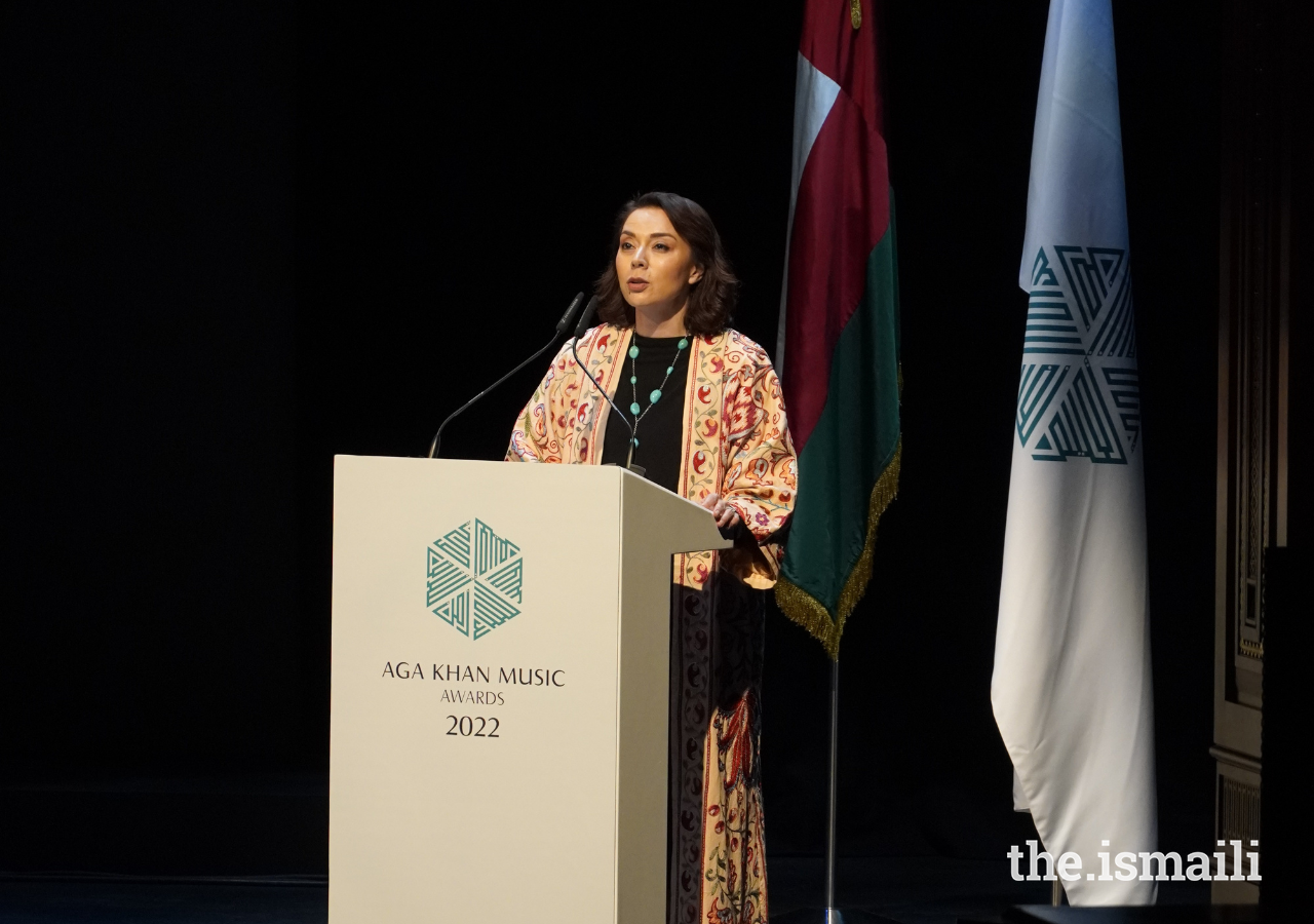 Fairouz Nishanova, director of The Aga Khan Music Programme, addresses guests gathered in Muscat, Oman for the Aga Khan Music Awards 2022.