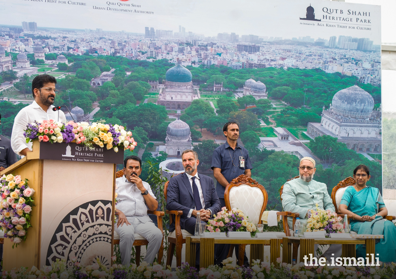 Sri Anumula Revanth Reddy, Chief Minister of Telangana, delivers remarks at the inauguration ceremony of the Qutb Shahi Heritage Park in Hyderabad.