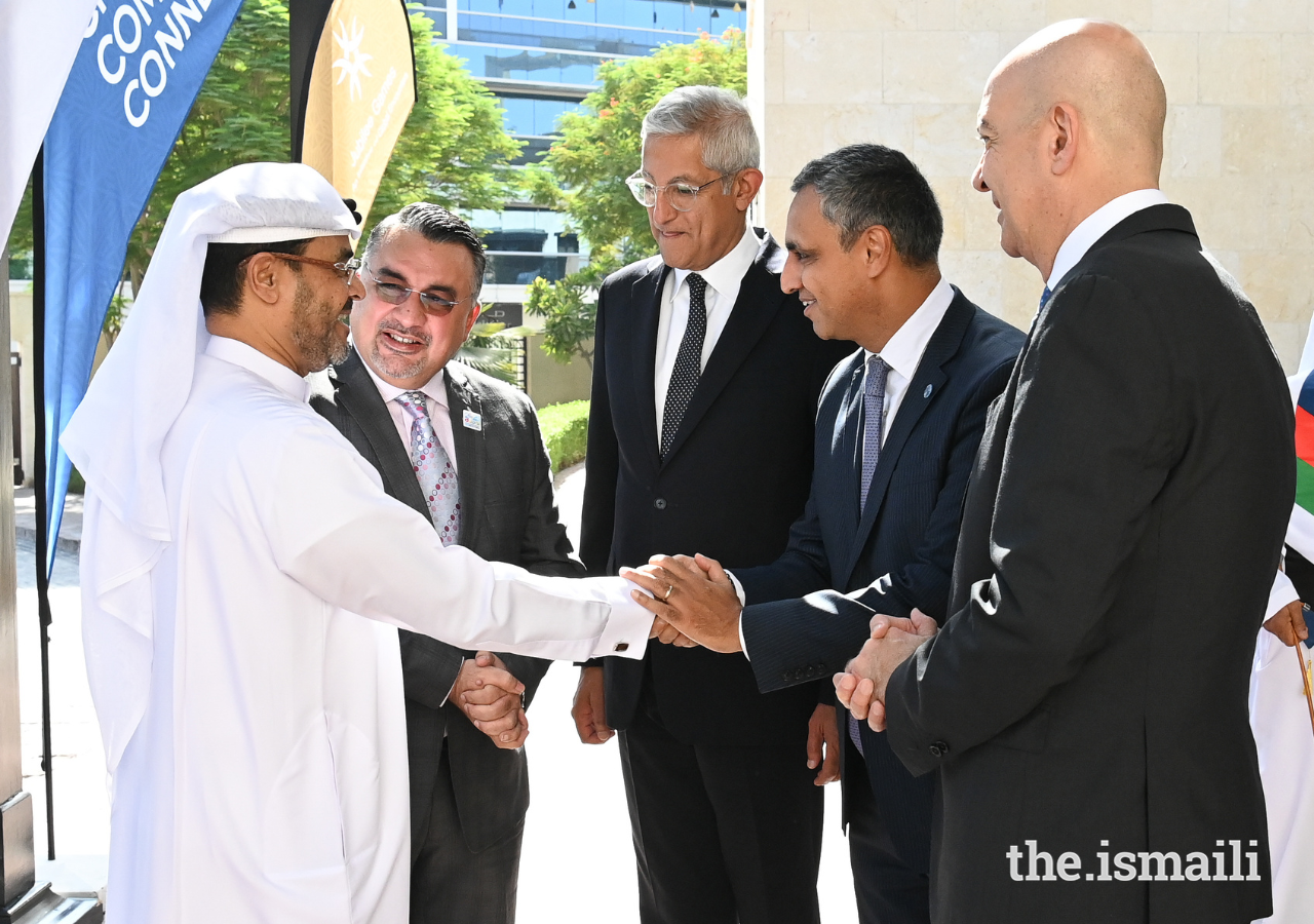 Rahim Firozali, Chairman of the GE International Advisory Committee, welcomes Mr Mohammed Shael Alsaadi, CEO of the Dubai Corporation for Consumer Protection and Fair Trade at the Dubai Department of Economy and Tourism, to the Ismaili Centre Dubai.