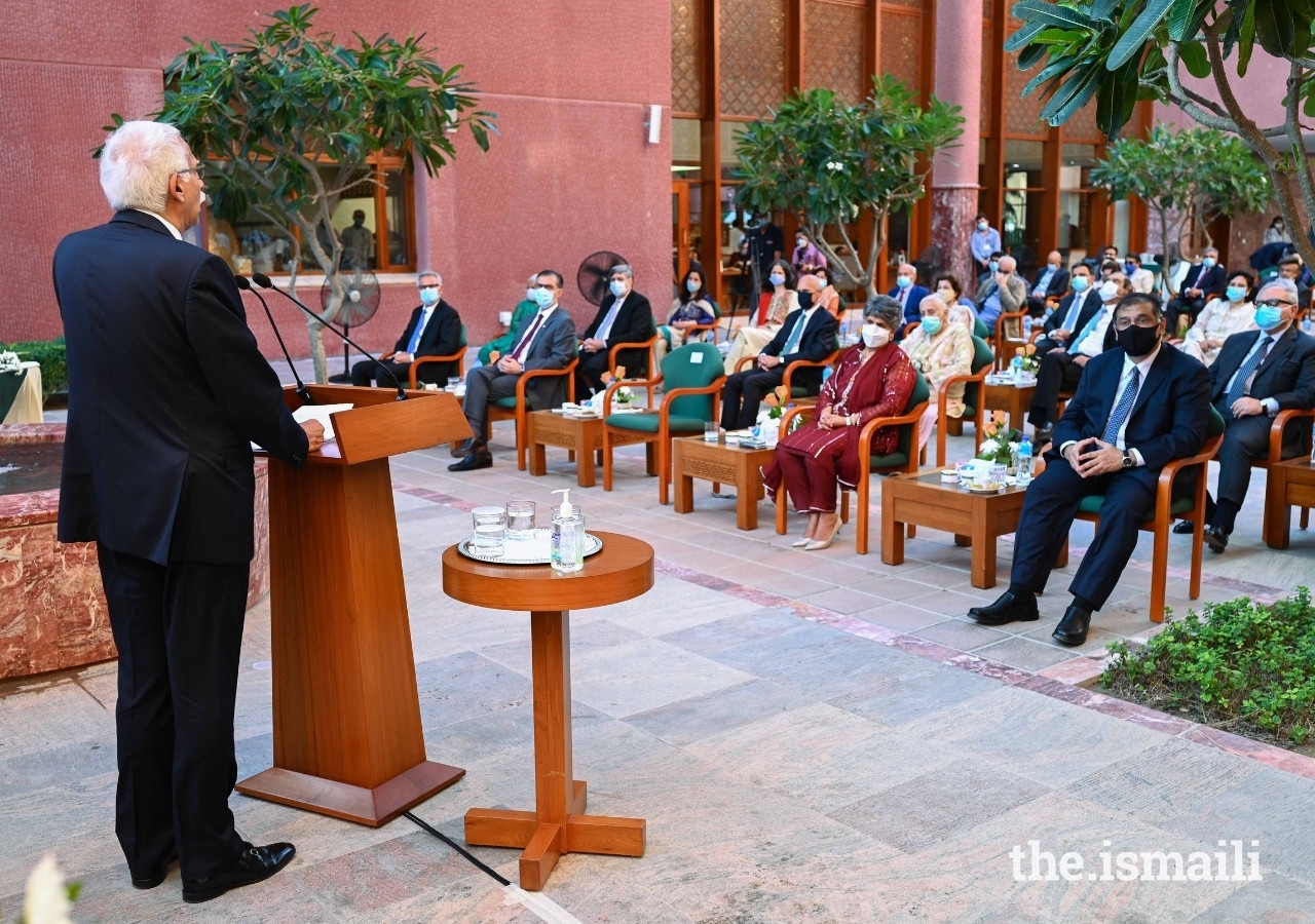 President Firoz Rasul addresses the audience at the ceremony to name the New Private Wing at the Aga Khan University Hospital in Karachi as the Princess Zahra Pavilion.