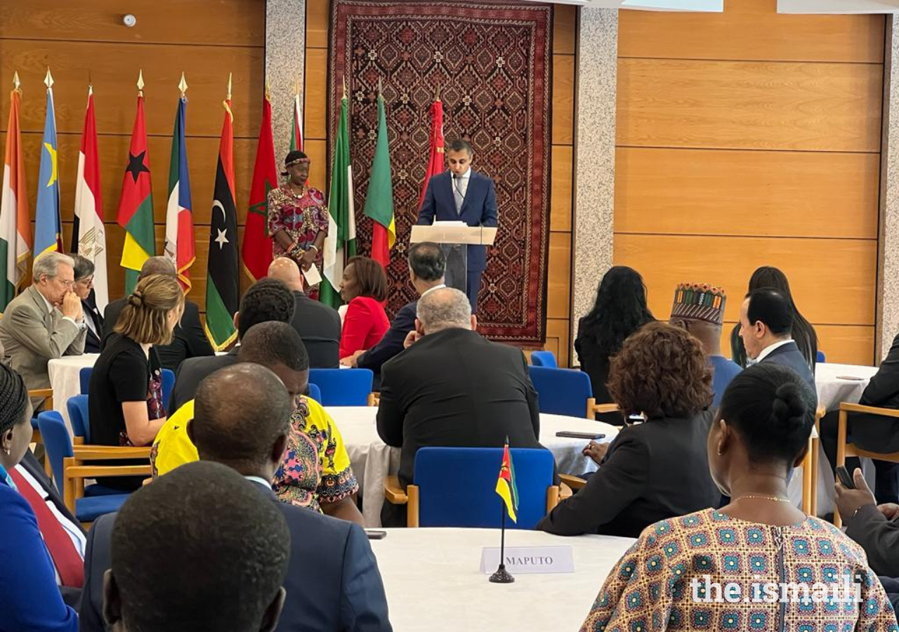 Rahim Firozali, President of the Ismaili Council for Portugal addresses guests at the Africa Day event at the Ismaili Centre, Lisbon.