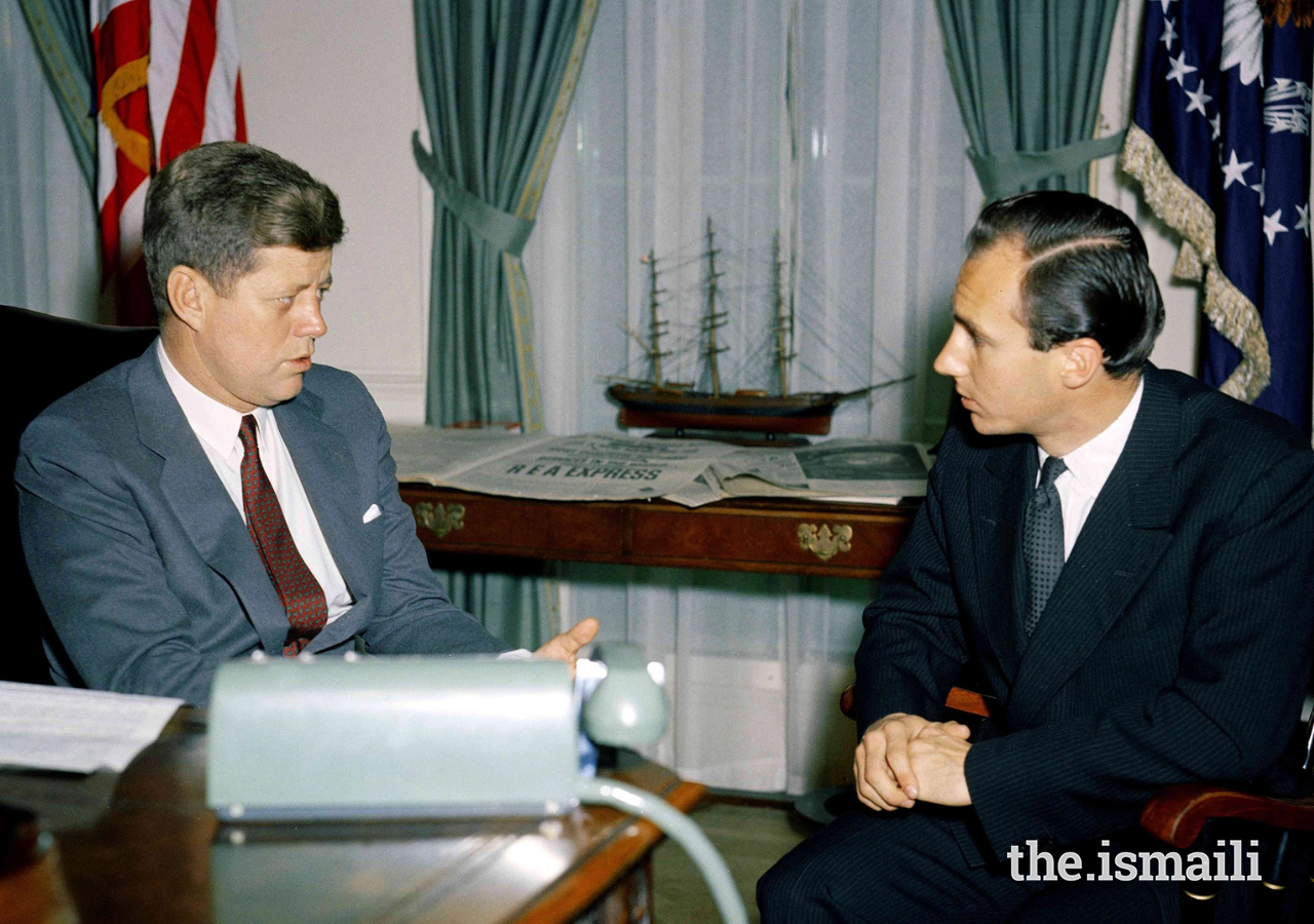 Mawlana Hazar Imam meets with President John F. Kennedy in the Oval Office at the White House in 1961.