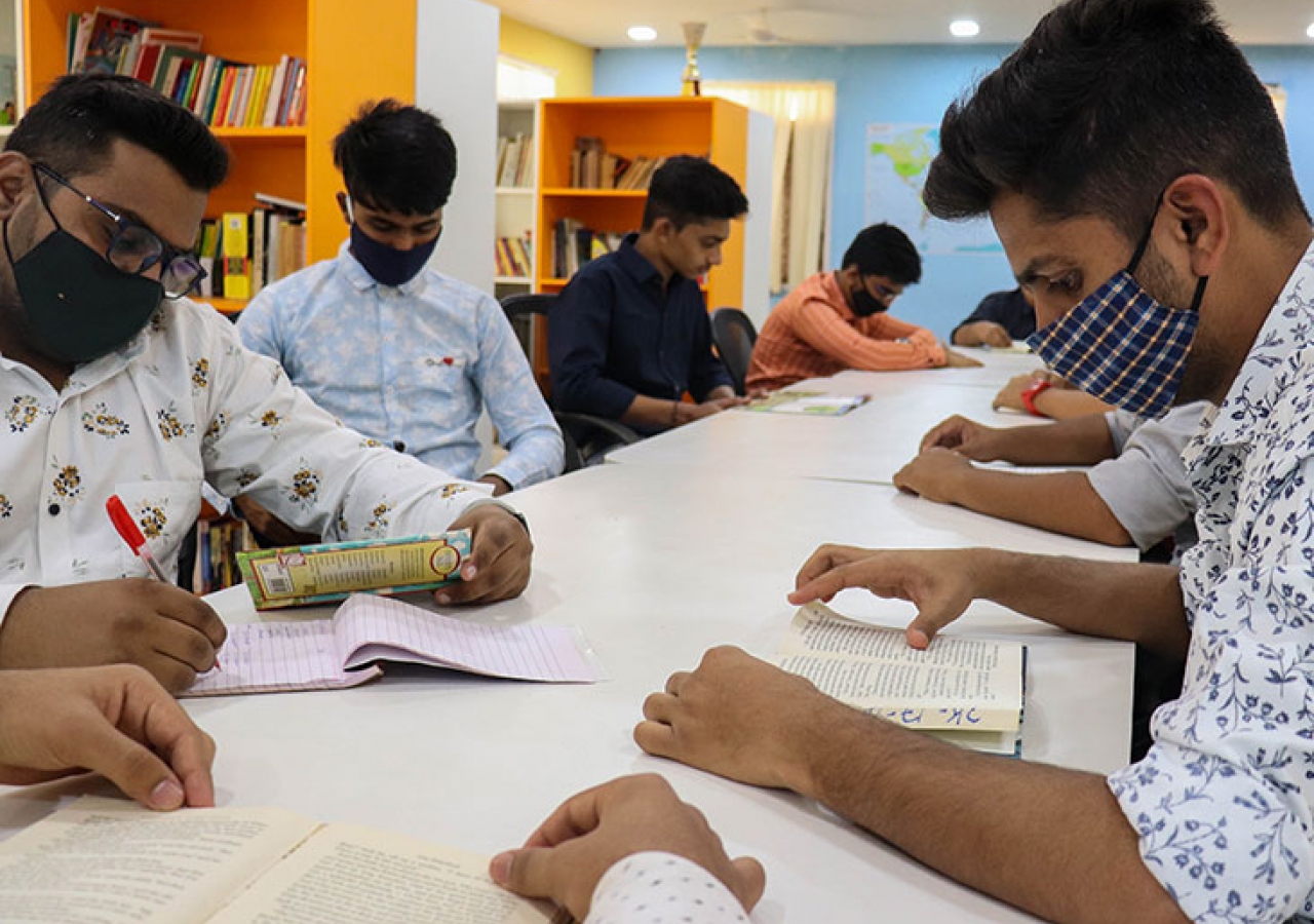 Students studying at the IT library at the Aga Khan Hostel, Hyderabad. 