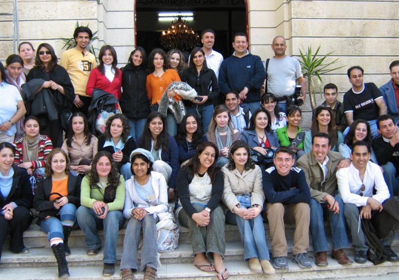 Syrian hosts with British guests outside the Mausoleum of Prince Aly Khan in Salamieh  