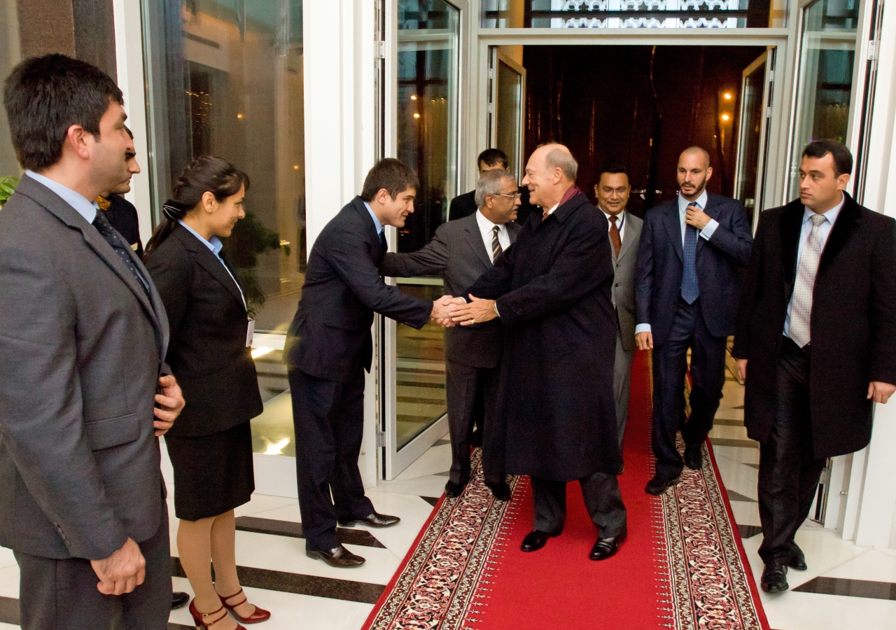 Prince Amyn and Prince Rahim are greeted by staff at the Dushanbe Serena Hotel. They are accompanied by Aziz Boolani, CEO of Serena Hotels (South and Central Asia) and Hotel General Manager David Scully.