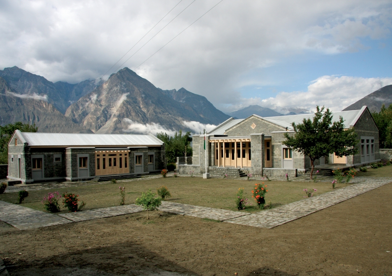 A view from within the court of the Danyore III Jamatkhana in Gilgit.