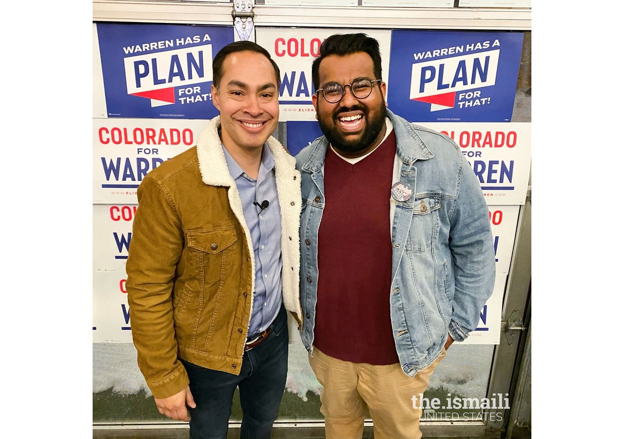 Rayhaan with former US Secretary of Housing and Urban Development, Julian Castro, (D-TX) at a Warren campaign event in Denver, CO.