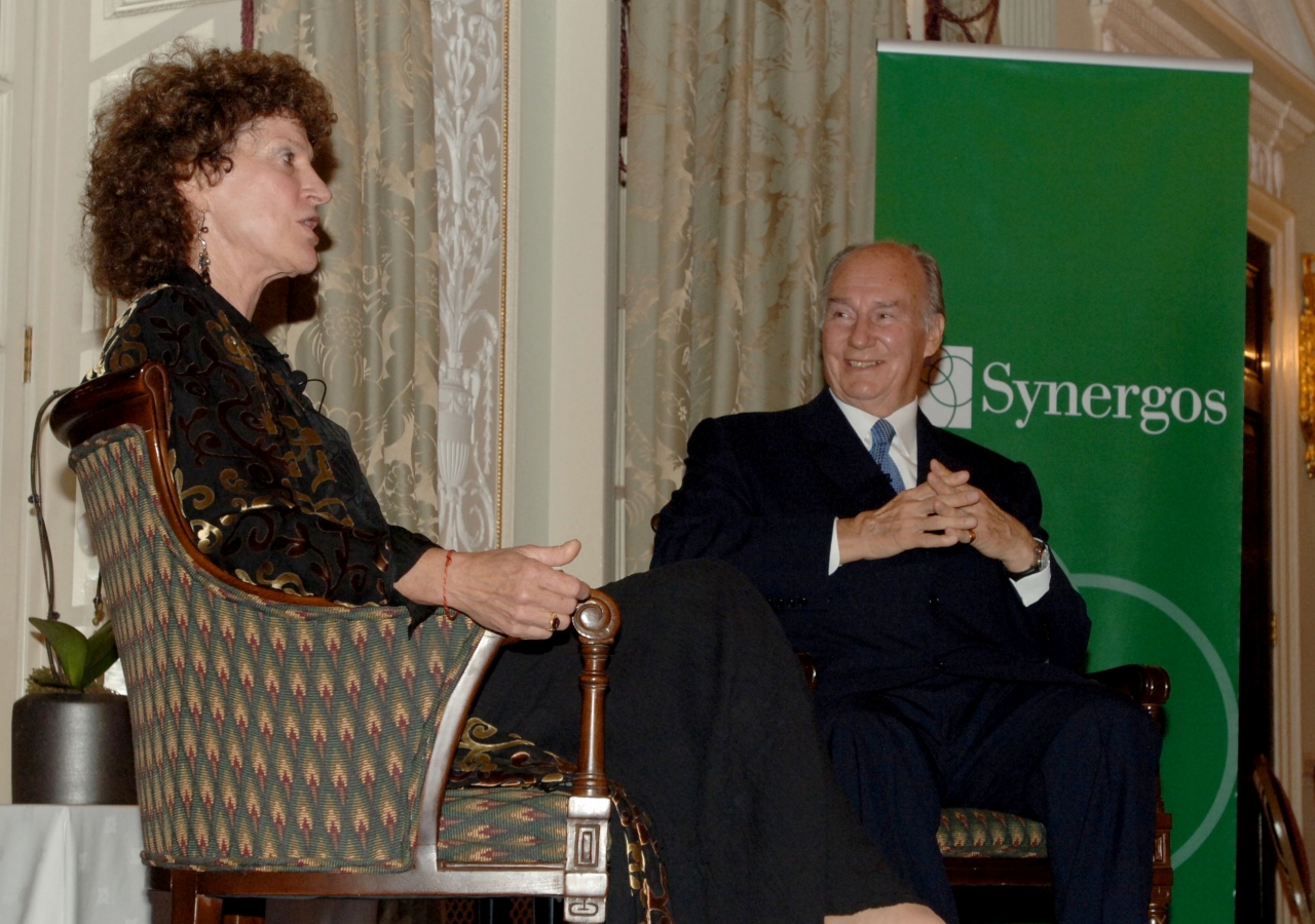 Mawlana Hazar Imam in conversation with Peggy Dulany, founder of the Synergos Institute, at &quot;University Night&quot; in London on 22 October 2012.