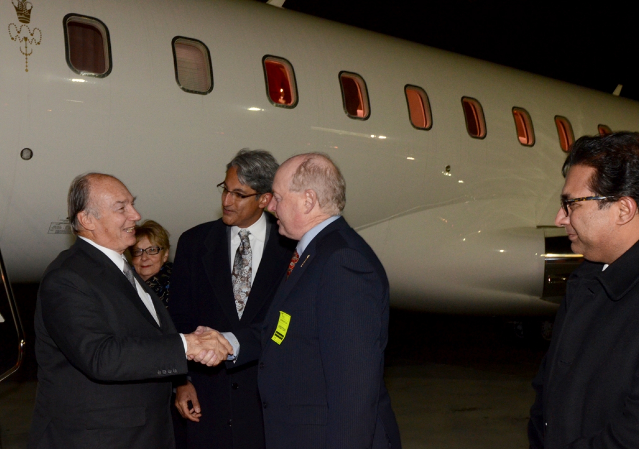 Arriving in Edmonton, Mawlana Hazar Imam is welcomed by Alberta Chief of Protocol Betty Anne Spinks, Minister Ken Hughes, Ismaili Council President Malik Talib, and Vice-President Moez Rajwani.