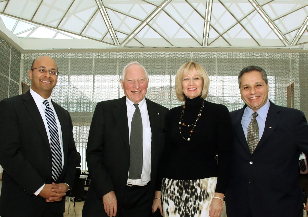 Khalil Shariff, CEO of AKFC; Joseph L. Rotman, Chairman of Grand Challenges Canada; Laureen Harper; and Peter Singer, CEO of Grand Challenges Canada at a luncheon held at the Delegation of the Ismaili Imamat in Ottawa.