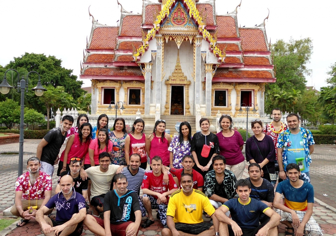 The group gathered in front of Wat Phrabuddhasrisongkhlanakarin, an ornate Buddhist shrine at the centre of Songkhla in southern Thailand.