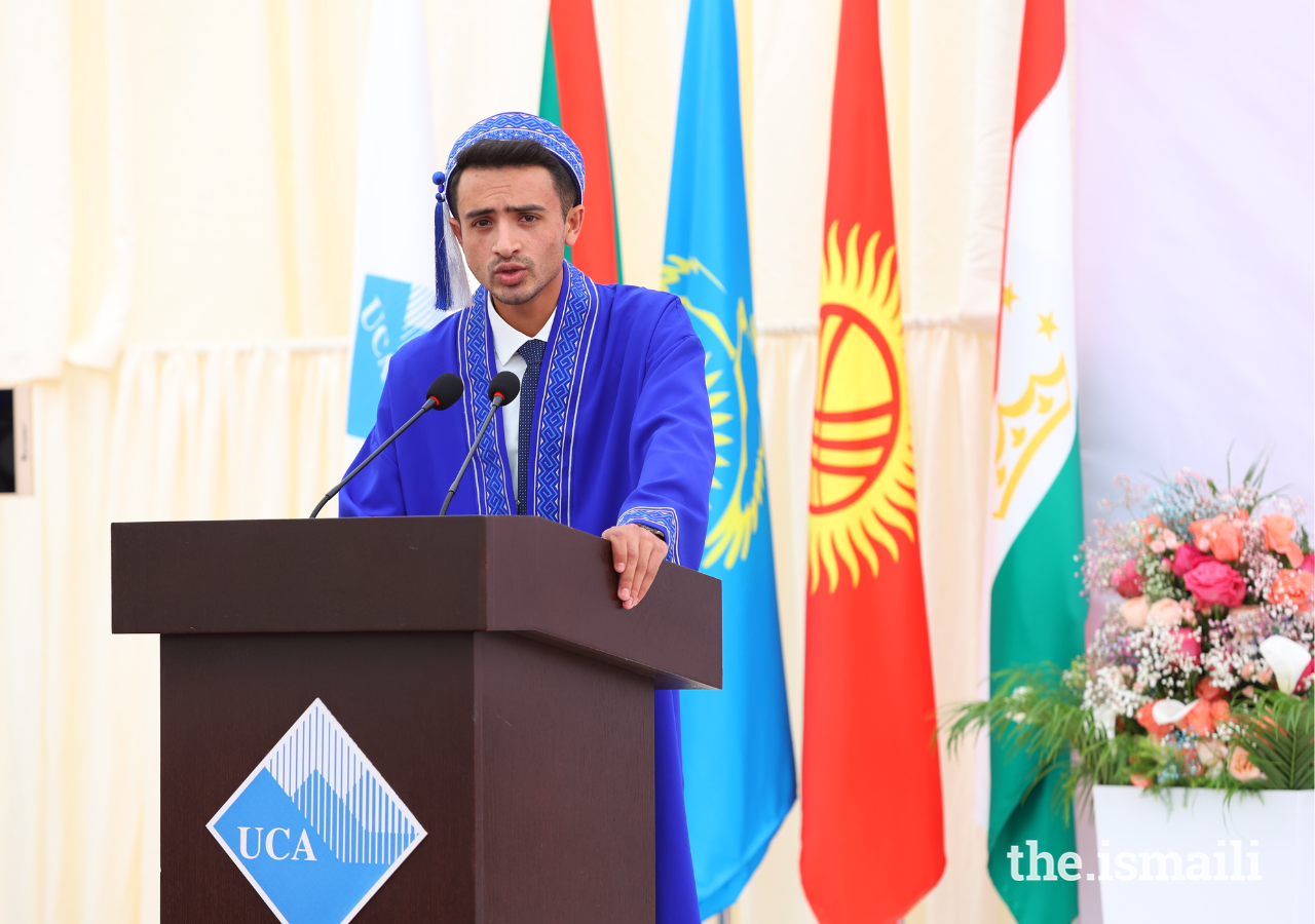 Class of 2023 valedictorian, Wajahat Khan, delivers remarks from the ceremony in Khorog.