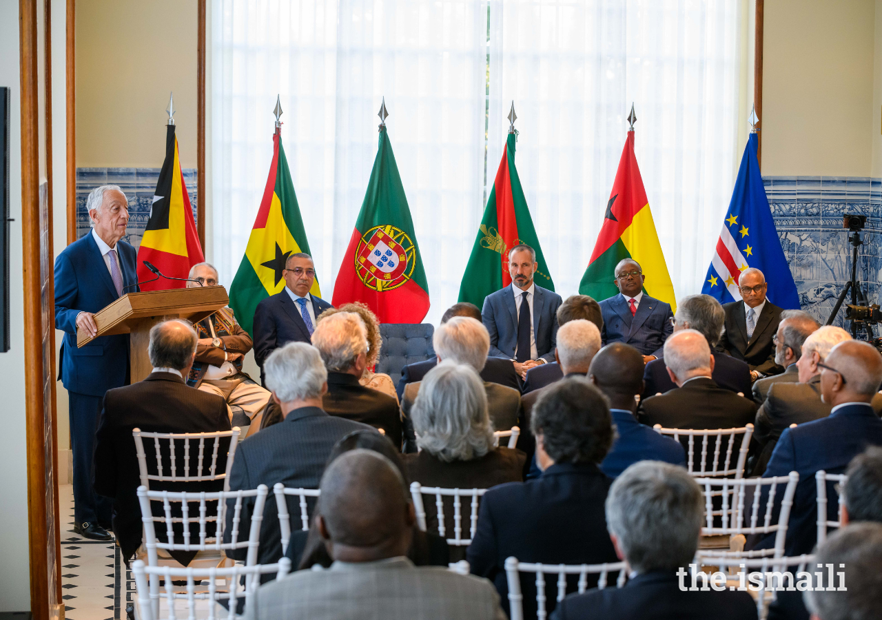 President Marcelo Rebelo de Sousa addresses guests at a reception for leaders from Lusophone countries at the Diwan of the Ismaili Imamat.