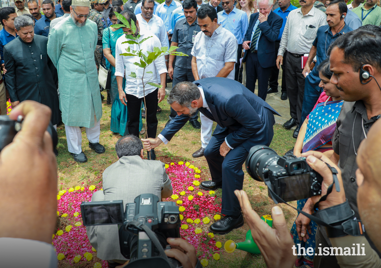 Prince Rahim helps to plant a tree during the inauguration ceremony of the Qutb Shahi Heritage Park.