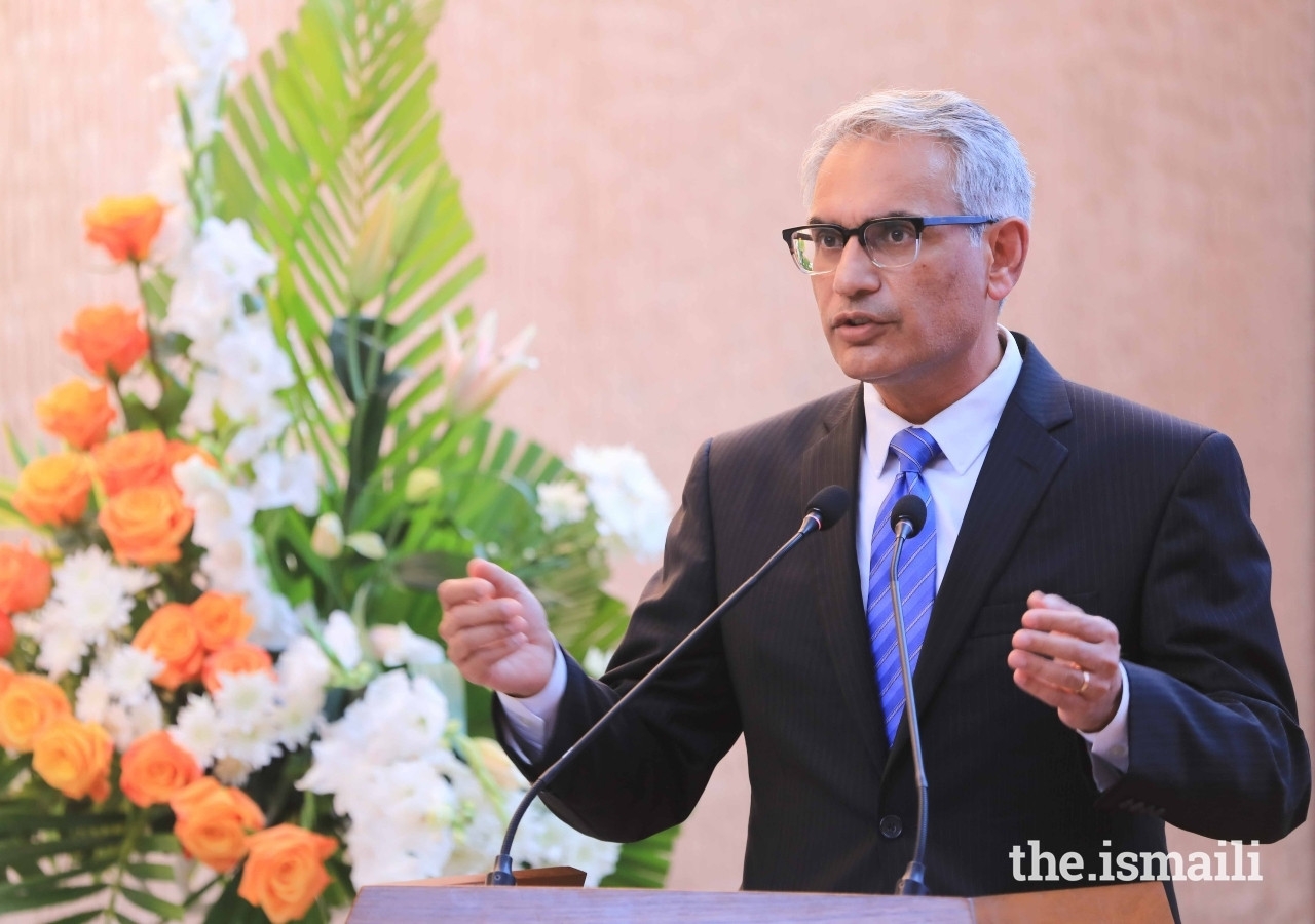 Dr Shahid Shafi, CEO of the Aga Khan University Hospital, Karachi delivers closing remarks at the naming ceremony of the Princess Zahra Pavilion. 