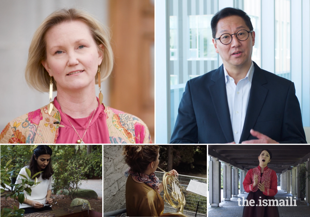 Meredith Preston McGhie, Secretary General of GCP and Santa Ono, President and Vice-Chancellor of UBC delivered opening and closing remarks from Ontario and British Columbia respectively. Bottom: Music artists Taees Gheirati, Valerie Whiney, and Sodam Lee perform as part of the 2021 Annual Pluralism Lecture.