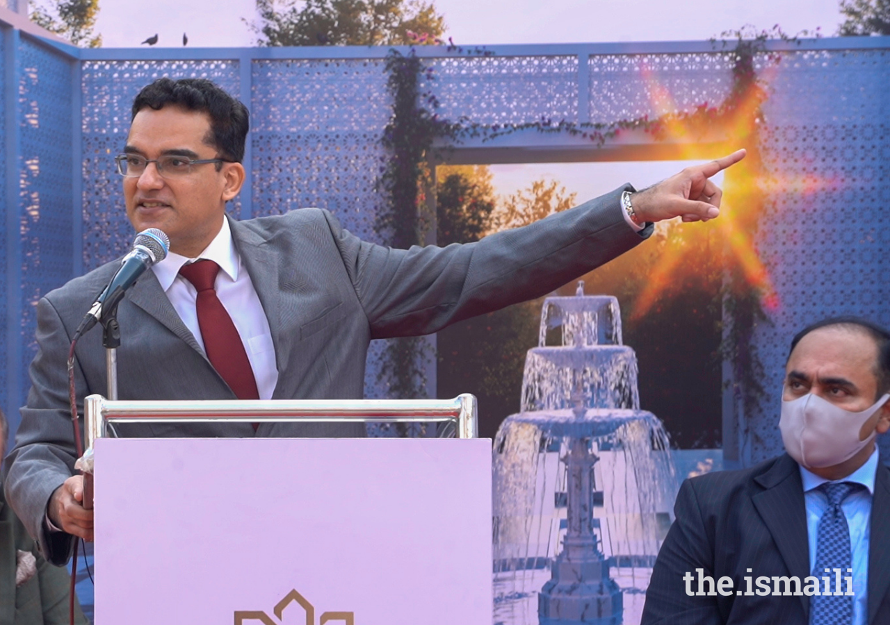 Ashish Merchant, President of the Ismaili Council for India, welcomes guests to the groundbreaking ceremony of the Aga Hall Estate Redevelopment project.