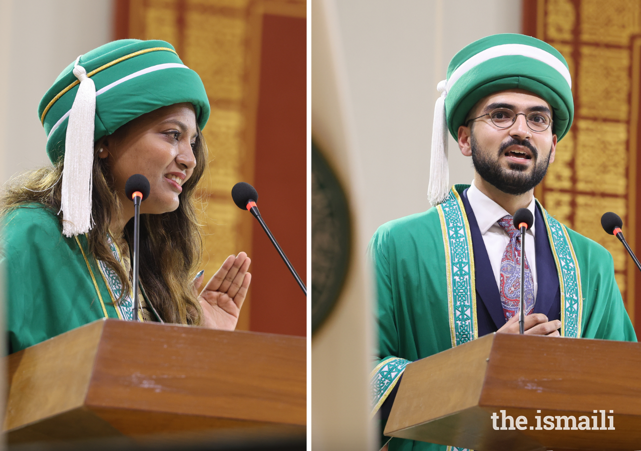 Class Valedictorians Shazma Jaffer from Tanzania and Mian Arsam Haroon from Pakistan.