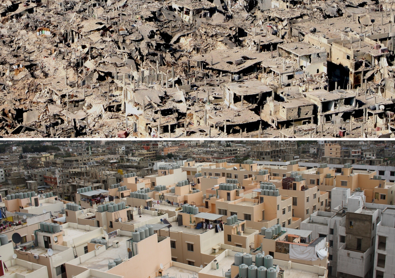 Nahr el-Bared Refugee Camp before reconstruction, and afterwards. Nearly destroyed in the violence of 2007, its restoration has earned it a place on the 2013 Award shortlist.