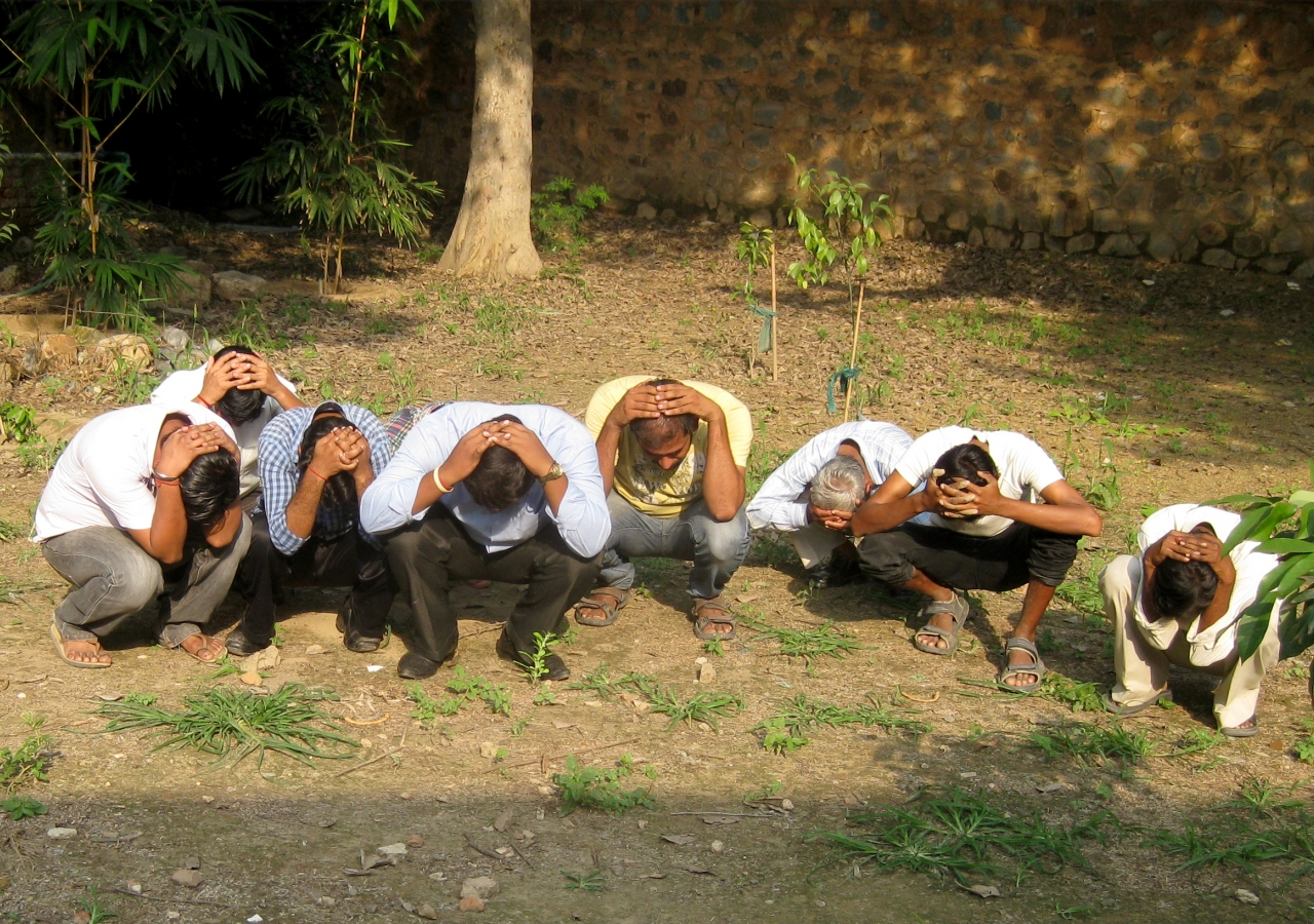 In India, AKDN ShakeOut participants learn what to do outside in the event of an earthquake.