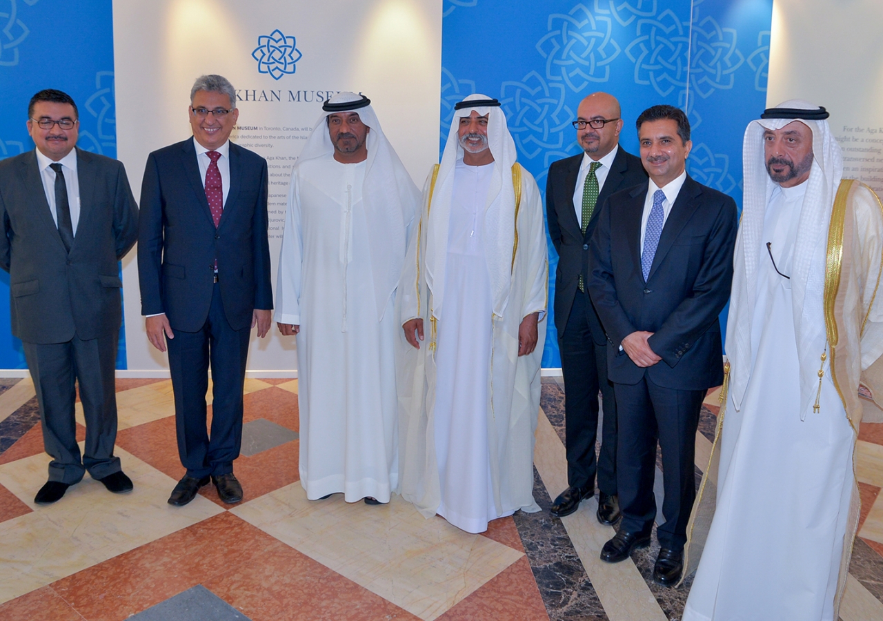 Aziz Merchant, Vice-President of the Ismaili Council UAE; Amirudin Thanawalla, President of the Ismaili Council for the UAE; HH Sheikh Ahmed bin Saeed Al Maktoum; HE Shiekh Nahyan Mabarak Al Nahyan; HE Arif Lalani, Canadian Ambassador to the UAE; Sultan A