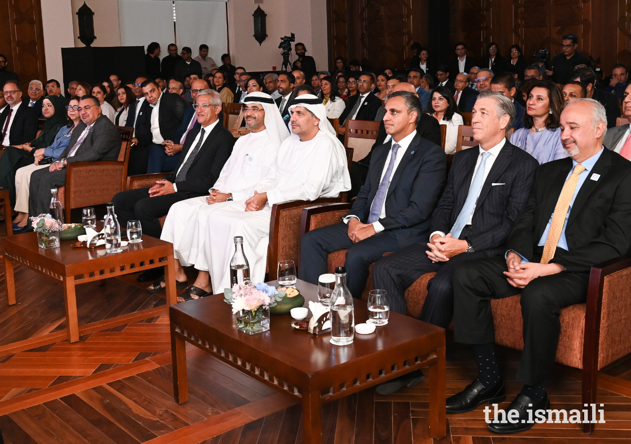 A performance at the official launch of the Global Encounters Festival 2025, is watched by guests, including H.E. Faisal Niaz Tirmiz, Ambassador of Pakistan to the UAE (right); and H.E. Fernando Figueirinhas, Ambassador of the Republic of Portugal to the UAE (second from right).