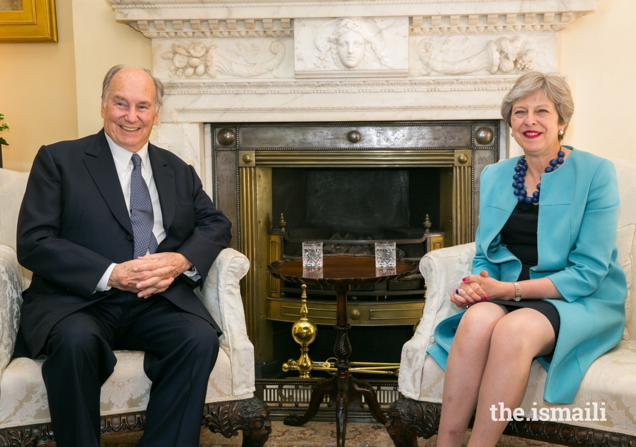 Mawlana Hazar Imam meets with Prime Minister Theresa May at 10 Downing Street, the official residence and office of the British Prime Minister.