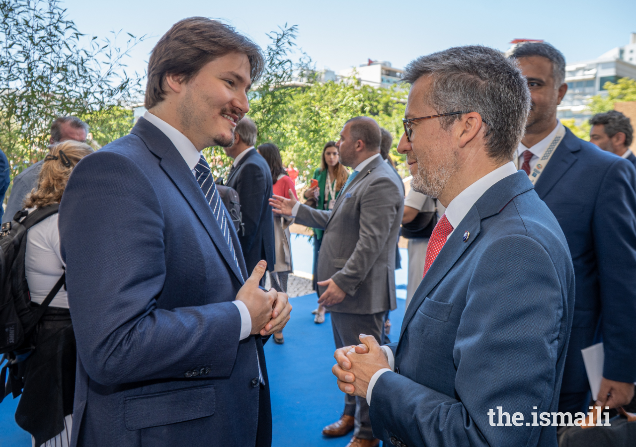 Prince Aly Muhammad in conversation with Carlos Moedas, Mayor of Lisbon, at the United Nations Ocean Conference on 27 June 2022.