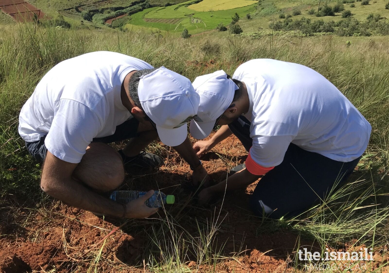 Members of the Jamat and representatives of Ismaili Civic planting in Ambohidratrimo, Anosiala.