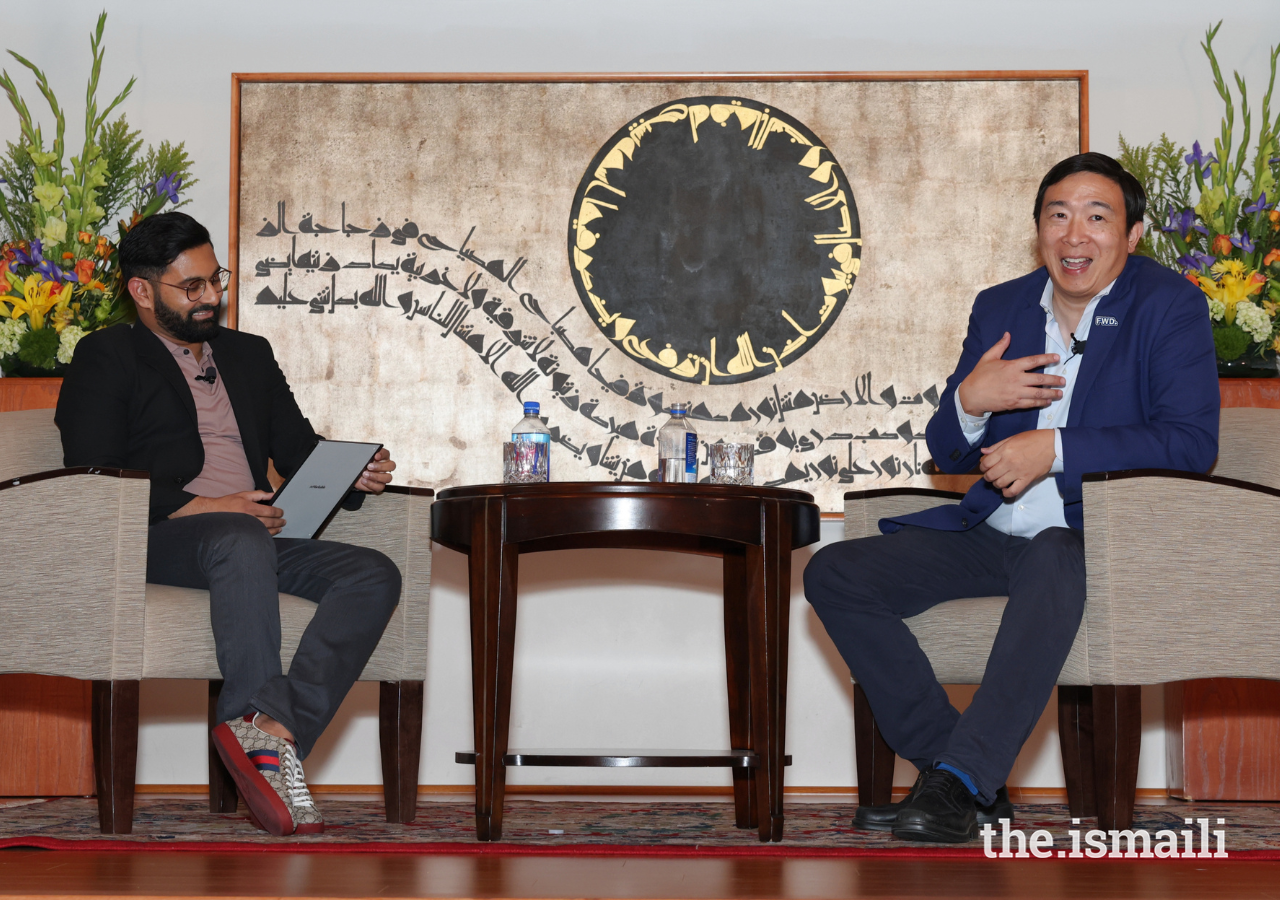 Moderator Sahir Ali with Andrew Yang.