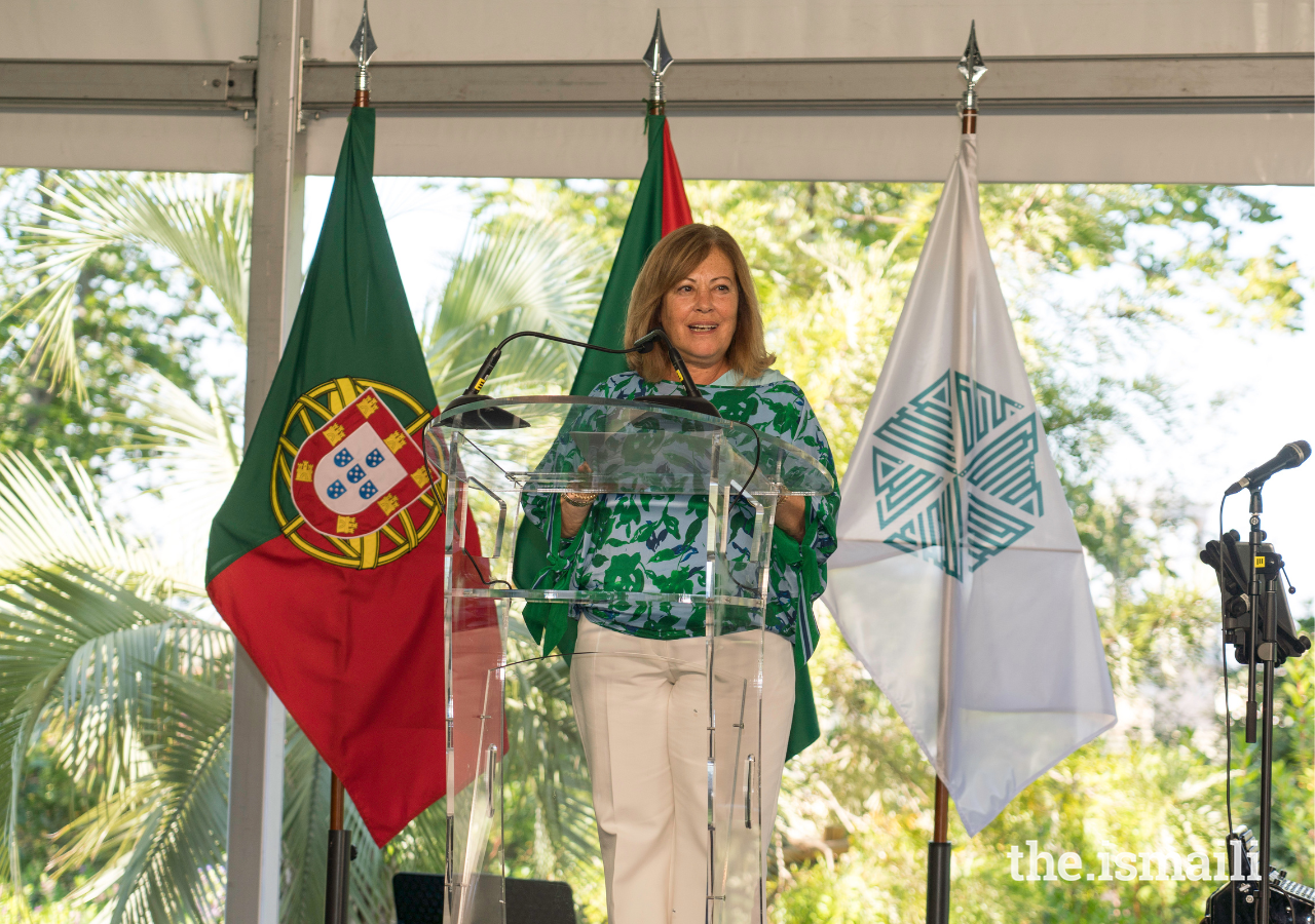 Dr Margarida Blasco, Portugal’s Minister of Interior Affairs addresses guests at the Imamat Day reception on 4 July 2024.