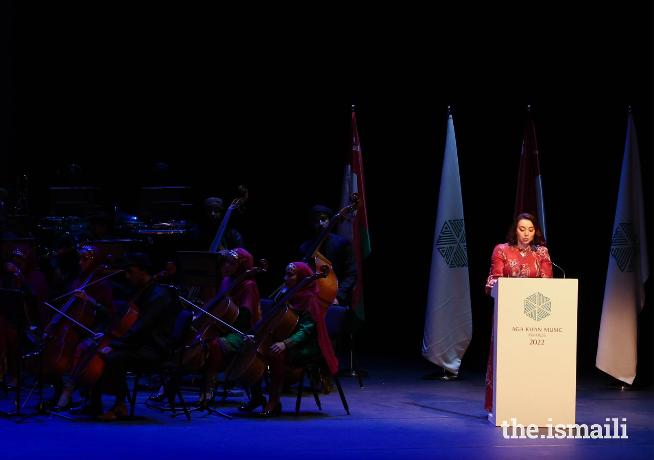 Fairouz Nishanova, director of The Aga Khan Music Programme, welcomes guests to the Aga Khan Music Awards 2022.