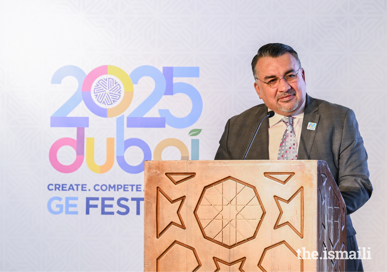 Aziz Merchant, President of the Ismaili Community in the UAE, addresses guests at the official launch of the Global Encounters Festival 2025.