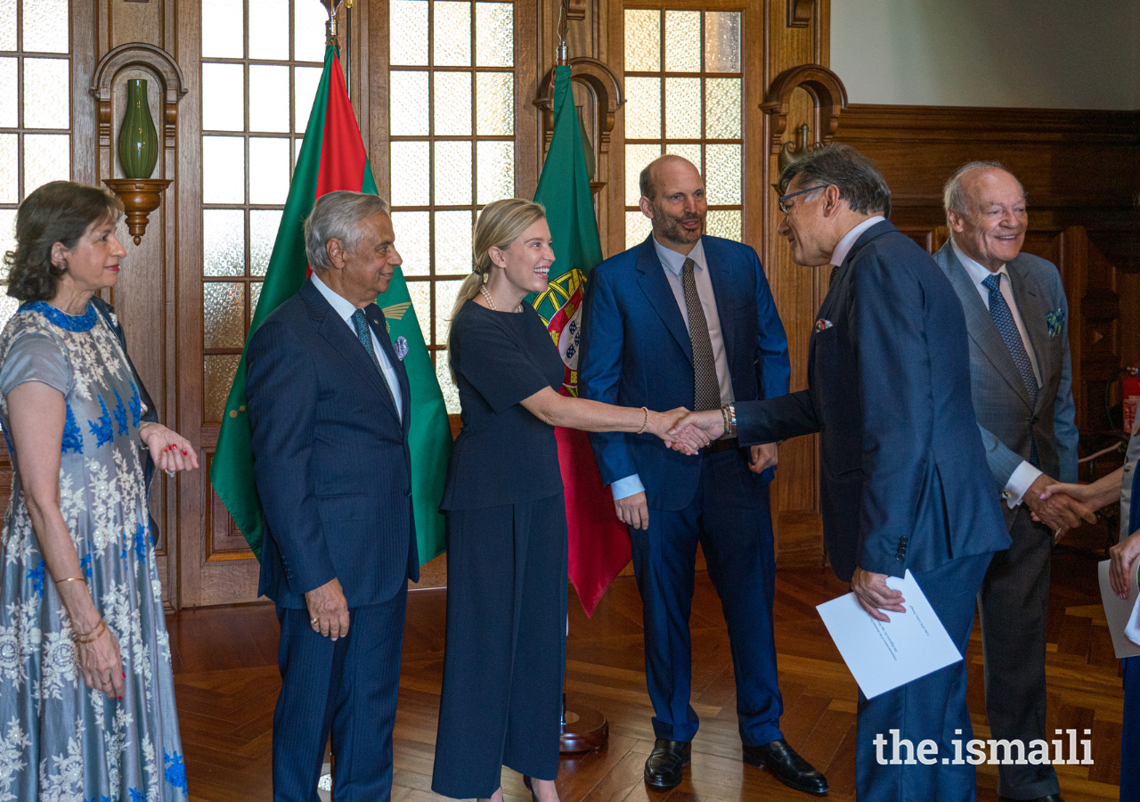 Members of Mawlana Hazar Imam’s family welcome guests to the Imamat Day reception at the Diwan of the Ismaili Imamat in Lisbon.